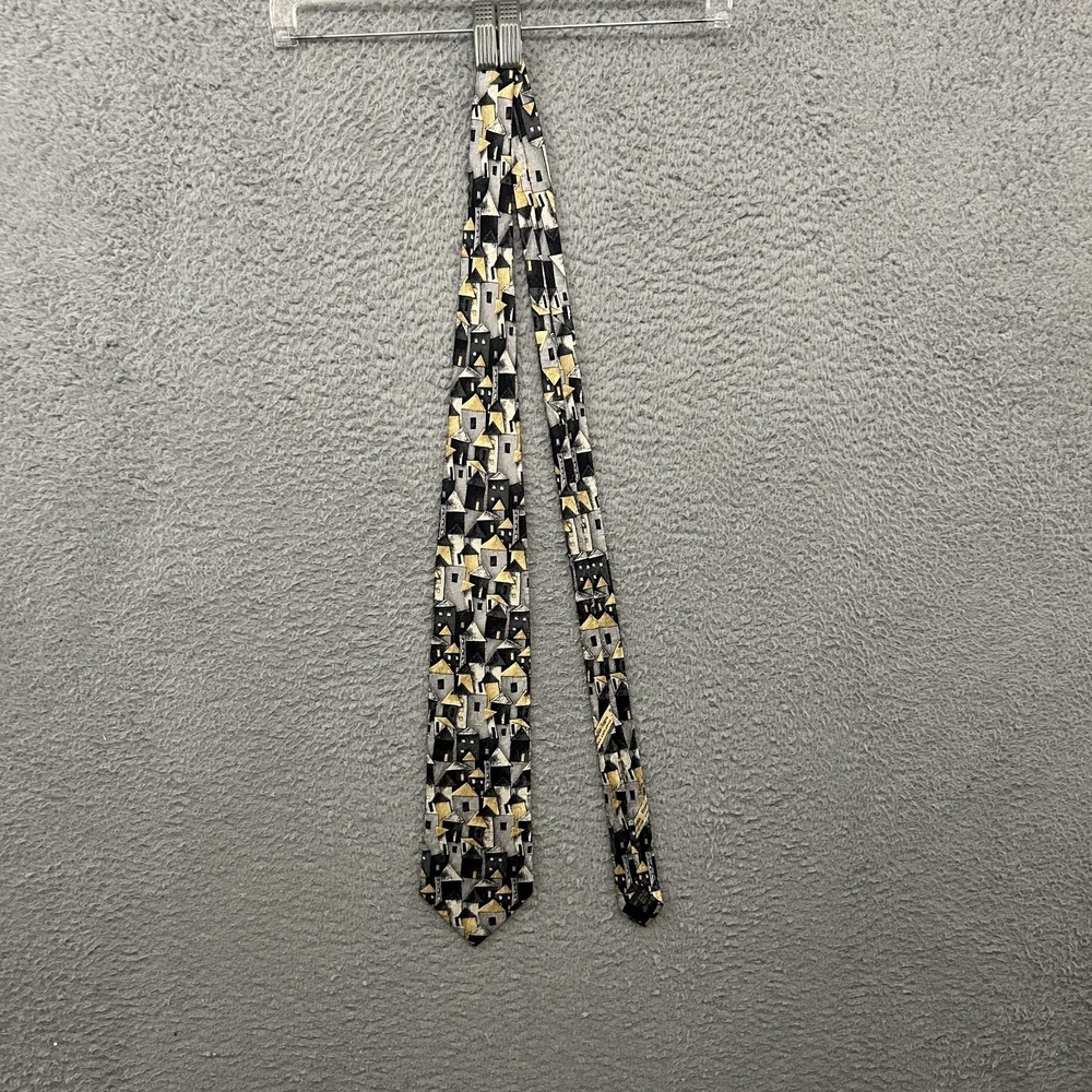 Ermenegildo Zegna Tie Mens Gray Gold Houses Geometric Silk Made In Italy Adult